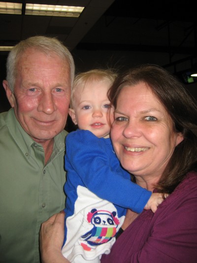 At the bowling alley with Grandma and Pa Paw