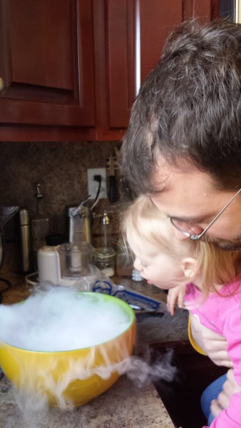 Auntie Marie shipped us some Chicago pizza that came packed with dry ice and Hailey absolutely loved her science experiment with Dad.